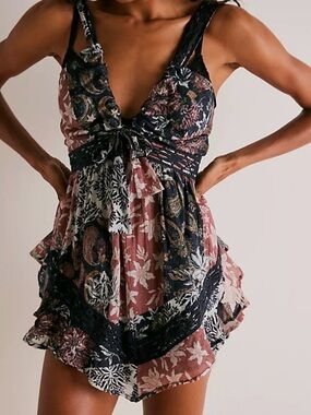 Free people Floral Patchwork Tie-Front Mini romper in Dusty Rose and Black